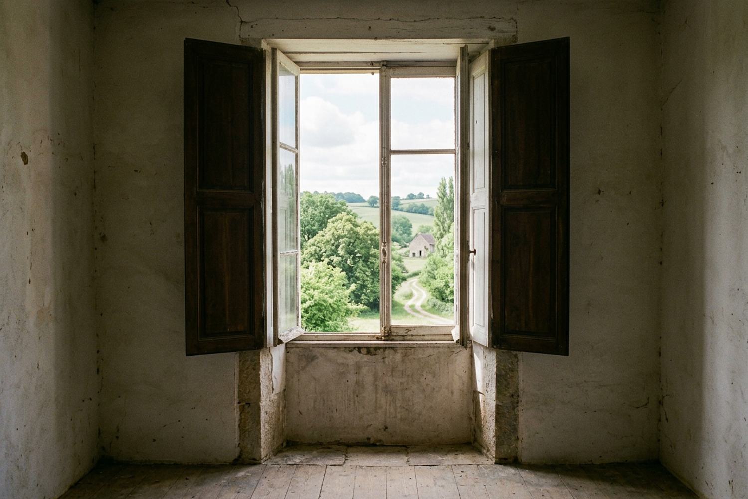 A tall window with its shutters thrown back onto a bright morning, seen from inside.