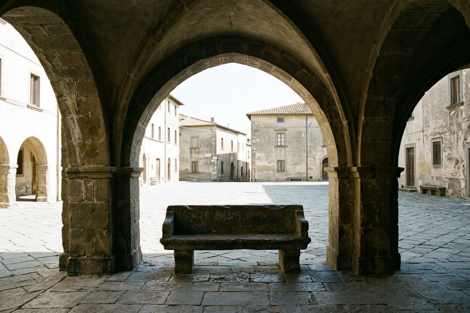 A stone bench in deep shade under an arcade, facing a bright empty square.