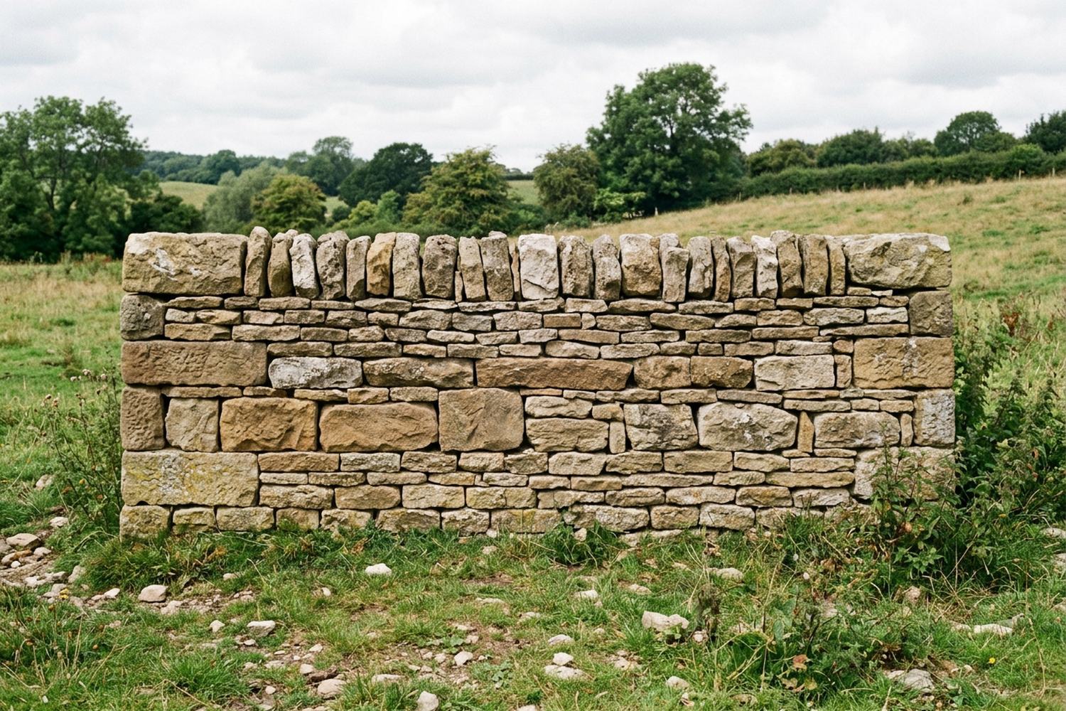 A dry stone wall built in courses of clearly different heights, seen square on.