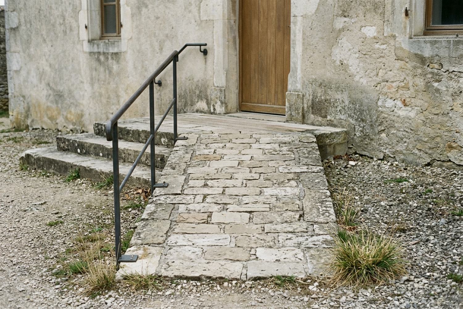 A shallow stone ramp rising beside three low steps to a threshold, with a handrail.