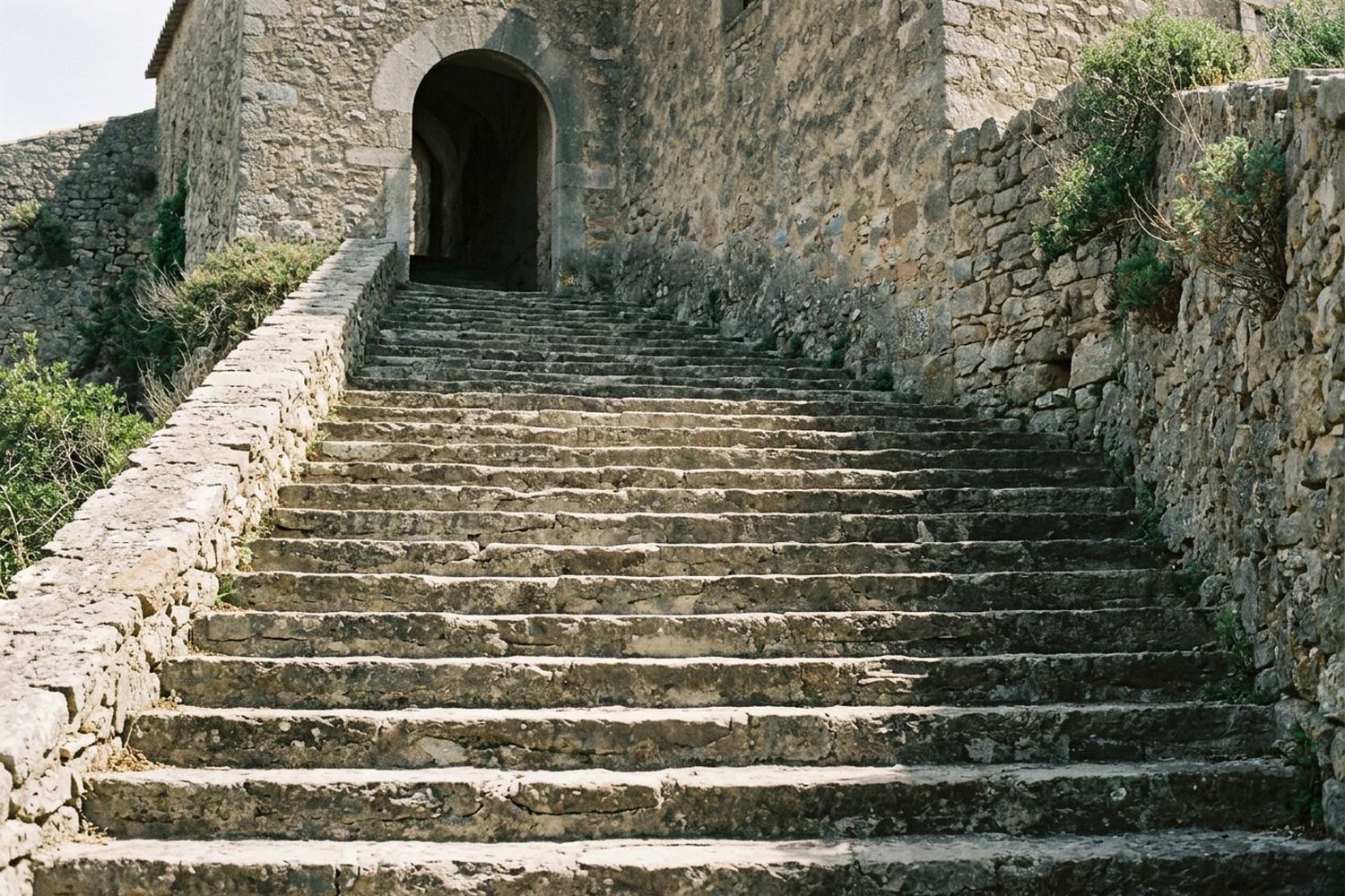 Worn stone steps in raking light, every tread edge picked out, rising to an opening.
