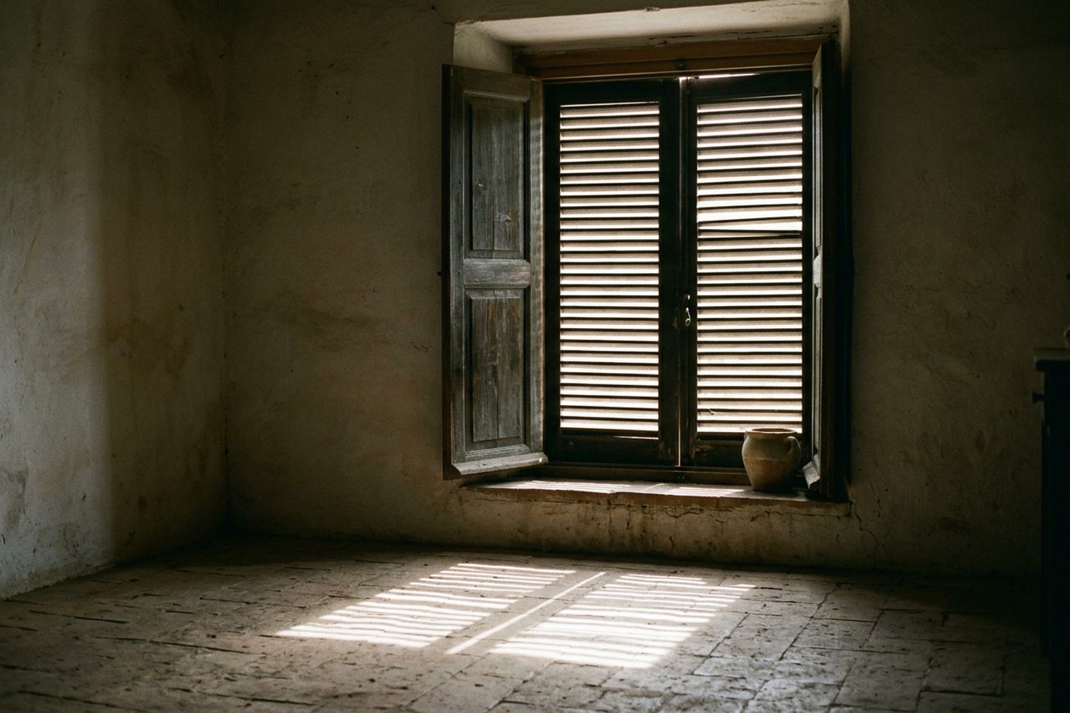 The same shutters closed against midday, thin bars of light across a bare floor.