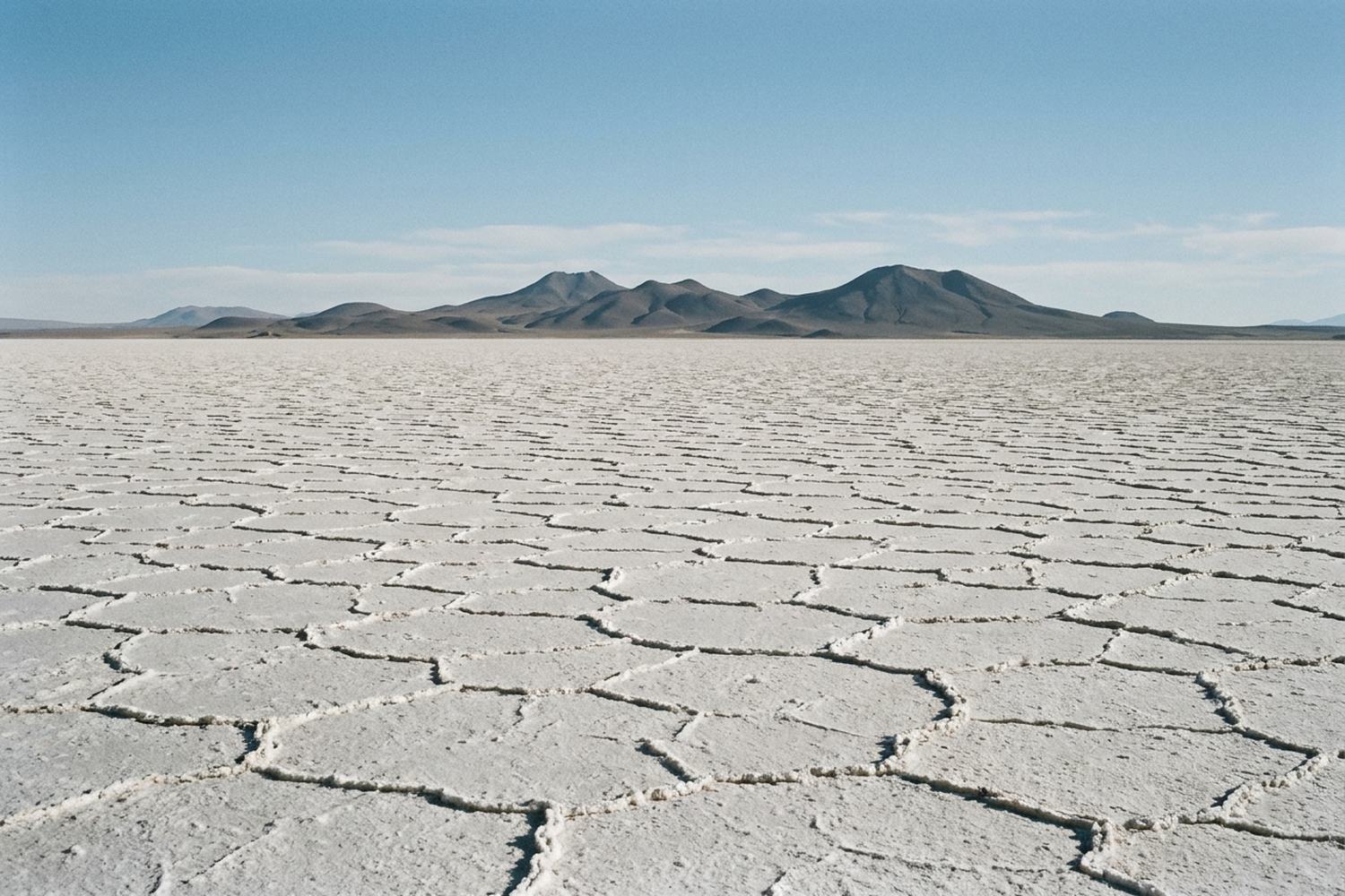 A vast pale salt flat cracked into polygons running to distant volcanic cones.