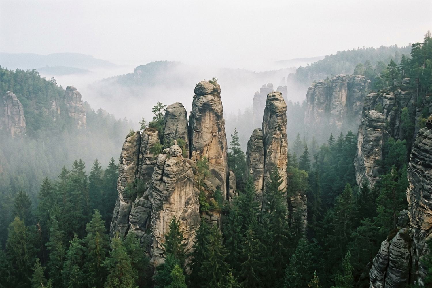 Tall isolated sandstone towers rising out of pine forest in early mist.