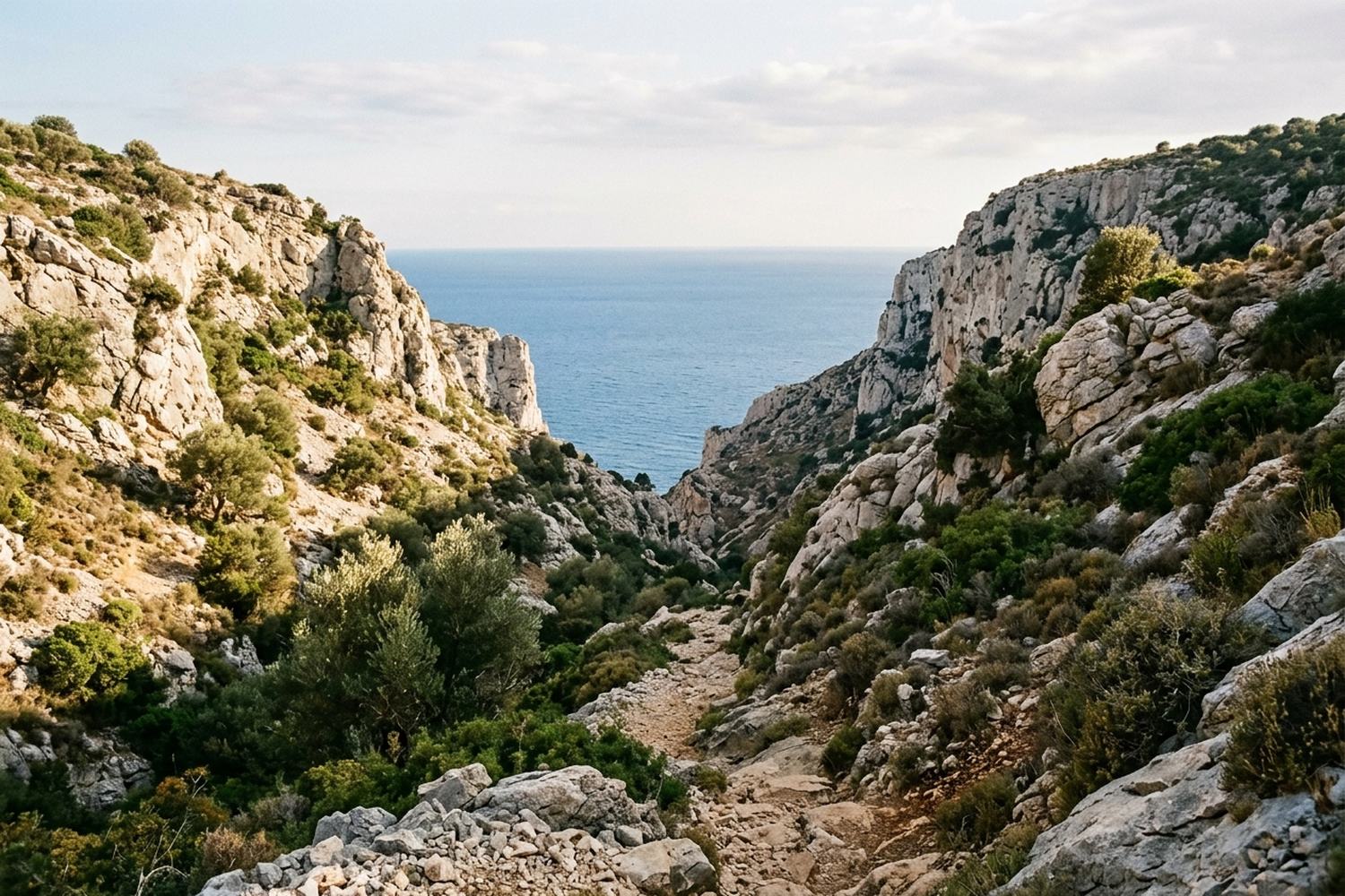 A dry limestone gorge opening onto a distant blue sea, with olive and thyme.