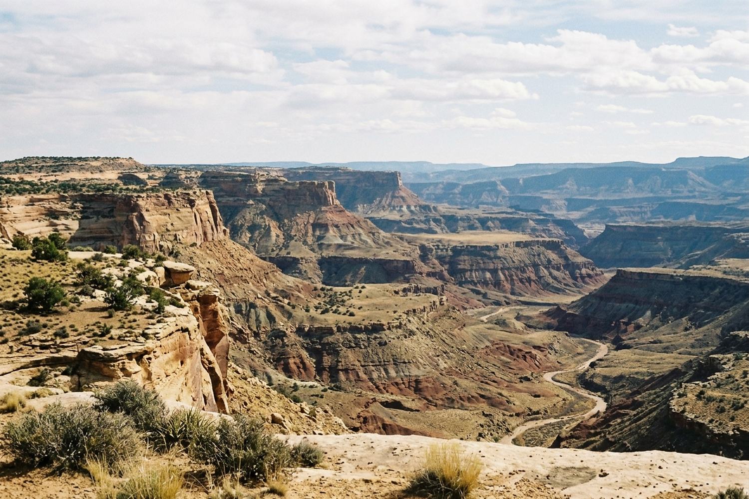 An escarpment of flat topped mountains and deep gorges falling away in layers.