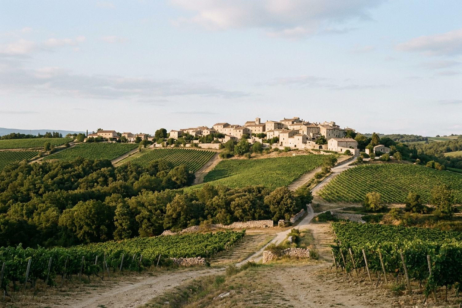 Inland hills of vineyard and oak with a pale stone hill town on a far ridge.