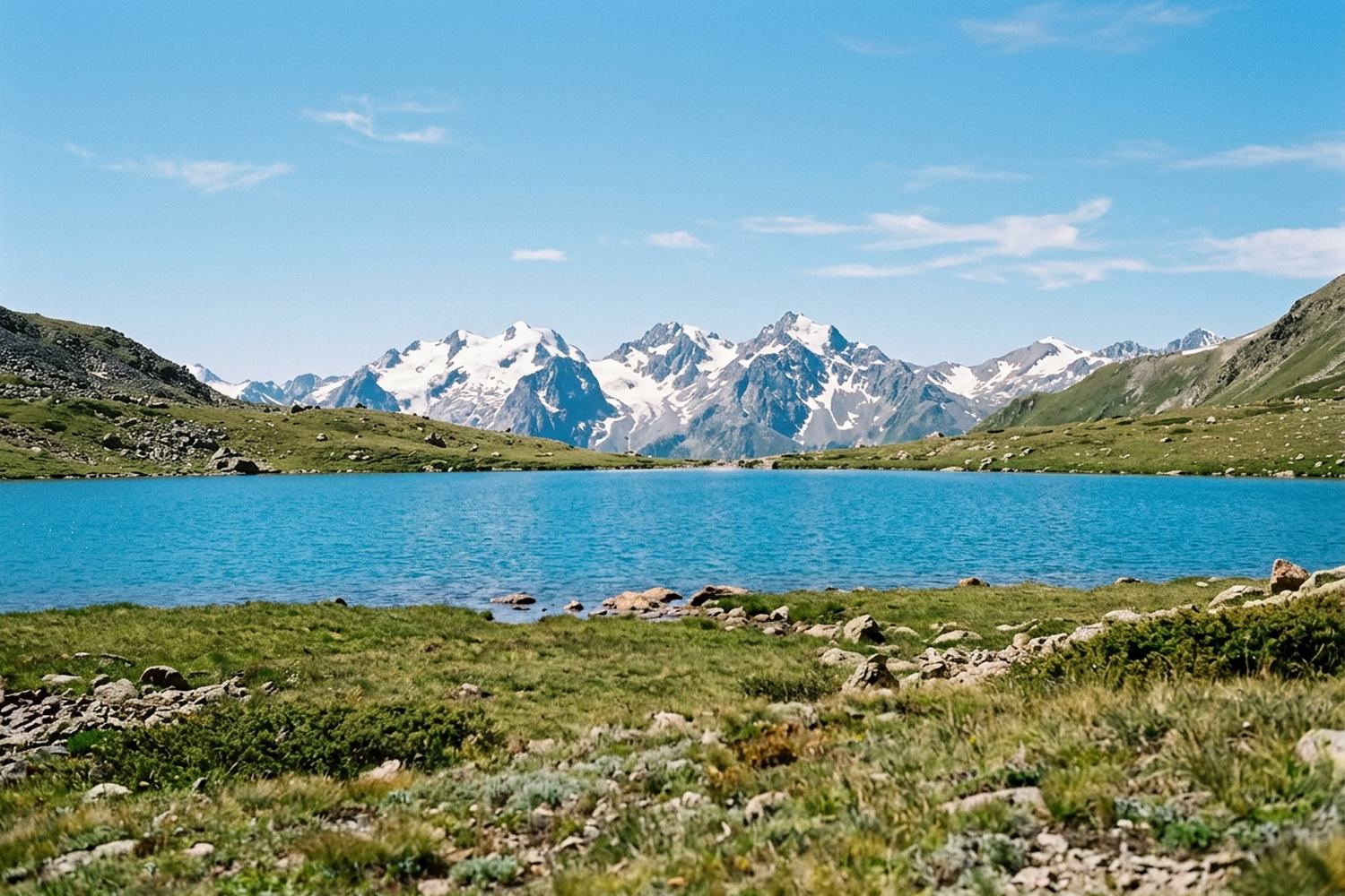 A high summer pasture beside a very blue mountain lake under snow peaks.