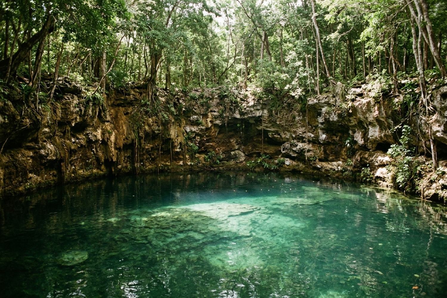 A round limestone sinkhole of clear blue green water hung with roots.