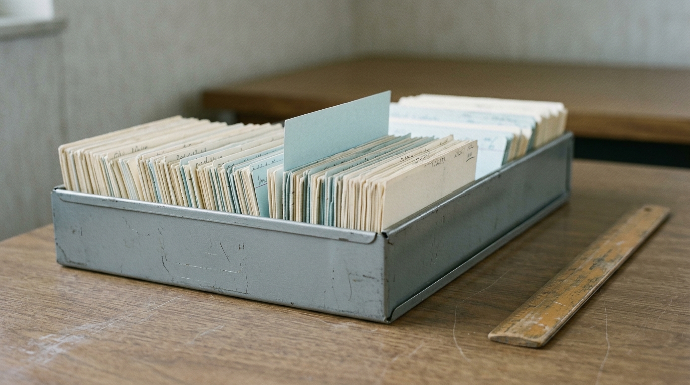 A grey steel filing tray on a wooden desk, filled with cream and pale blue index cards standing upright, one raised divider card among them, their handwritten pencil marks too faint and small to read. A worn wooden ruler lies beside the tray.